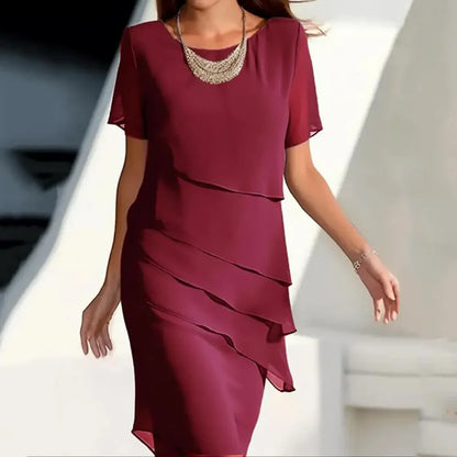 Abito da donna sottile con volant irregolare al ginocchio Abito da festa sottile estivo femminile in chiffon patchwork Abiti a maniche corte JYFS-1096