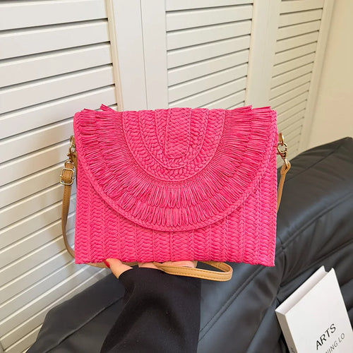 Pochette in paglia intrecciata fatta a mano Borsa in tinta unita Borsa da donna con patta estiva Bohe Portafogli da spiaggia Borsa a tracolla