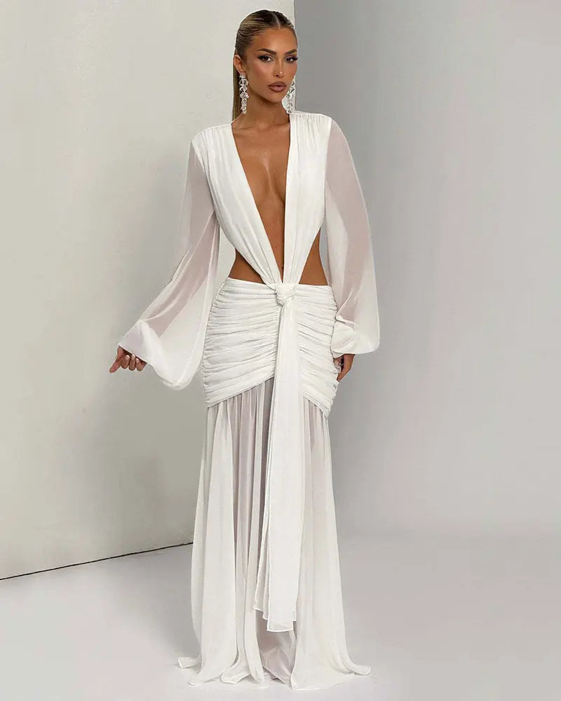 GACVGA Abito lungo elegante in chiffon per donna Nuovi abiti con maniche a lanterna Abiti lunghi aderenti da club sexy pieghettati