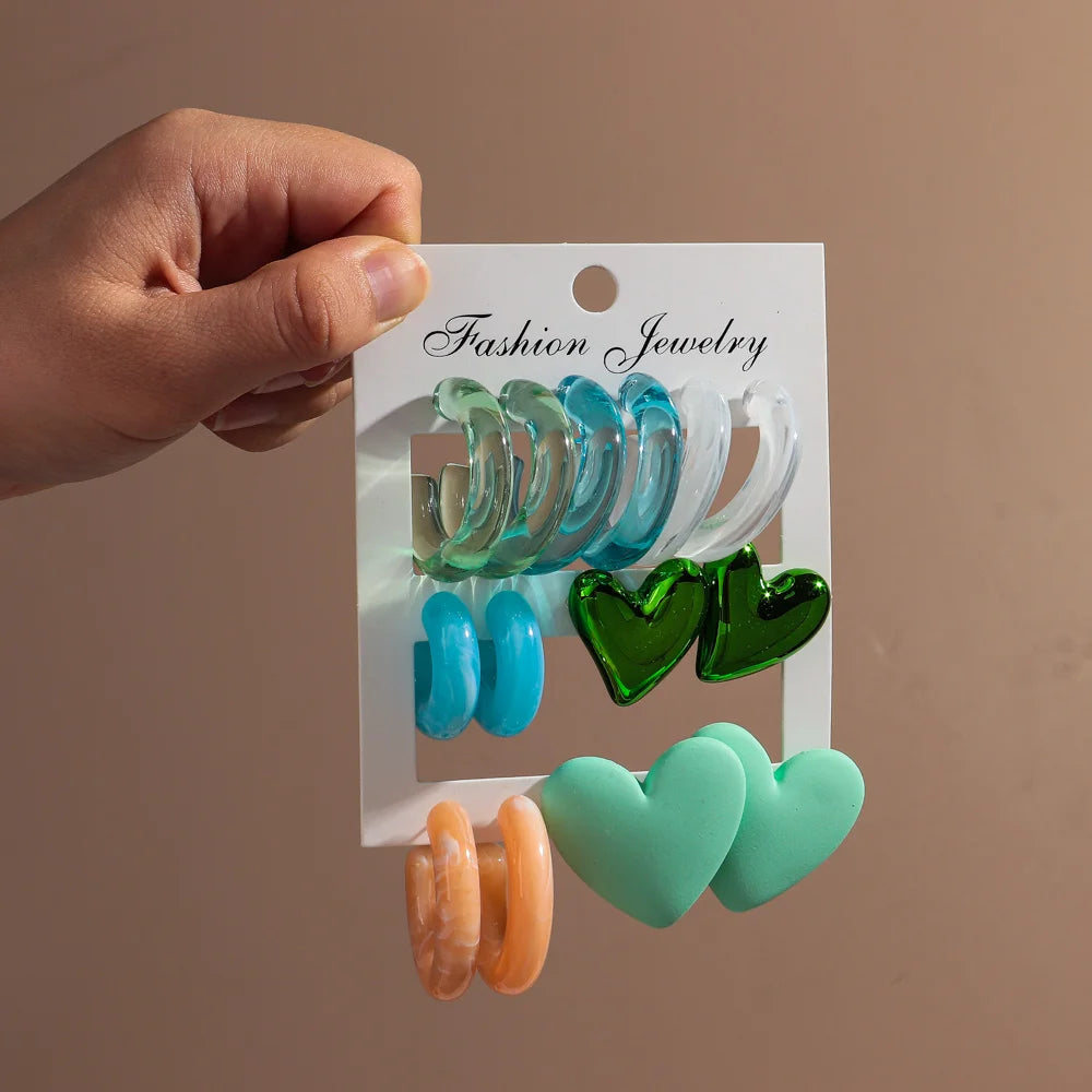 Boucles d'oreilles géométriques en acrylique pour femmes, 7 paires, colorées, cercles en résine, clous d'oreilles en forme de cœur, ensemble de bijoux, cadeaux d'anniversaire