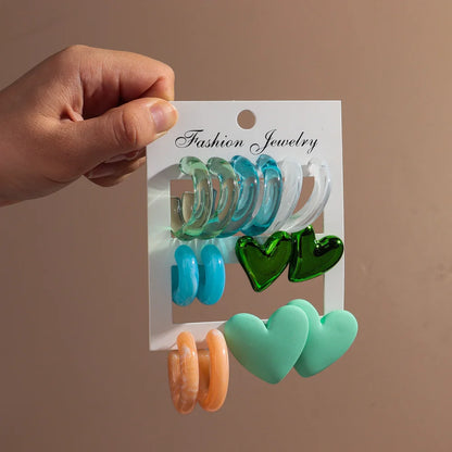 Boucles d'oreilles géométriques en acrylique pour femmes, 7 paires, colorées, cercles en résine, clous d'oreilles en forme de cœur, ensemble de bijoux, cadeaux d'anniversaire