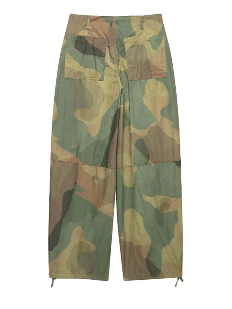 Pantaloni da donna con stampa mimetica, vita con coulisse, gamba larga, taglio ampio, orlo con coulisse, vestibilità comoda, pantaloni casual, streetwear, nuova moda 2026