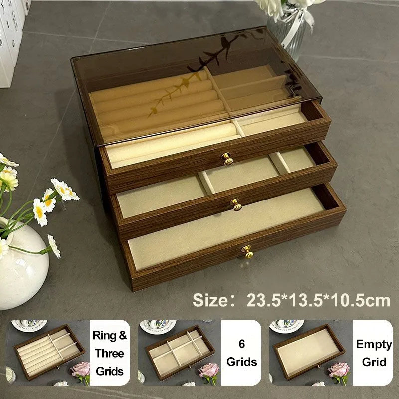 Scatola Portagioie in Legno di Noce Premium Antipolvere con 3 Cassetti per Bracciali e Spille da Donna