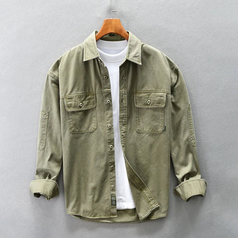 Camicia cargo vintage patchwork multitasche da uomo moda autunno inverno tinta unita manica lunga 100% cotone camicetta ampia quotidiana
