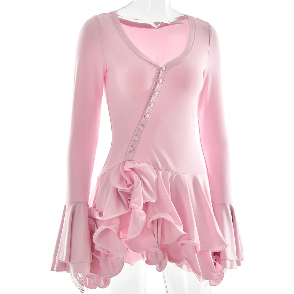 Abito corto sexy con volant patchwork bianco nero Abito corto da donna con maniche lunghe svasate con lacci Mini abiti da festa da sera Donna Blu Rosa Rosso