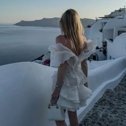 Y2K Mini abito con volant per donna Moda irregolare Abiti da vacanza al mare Estate Sexy con spalle scoperte Abiti da festa di compleanno 2025