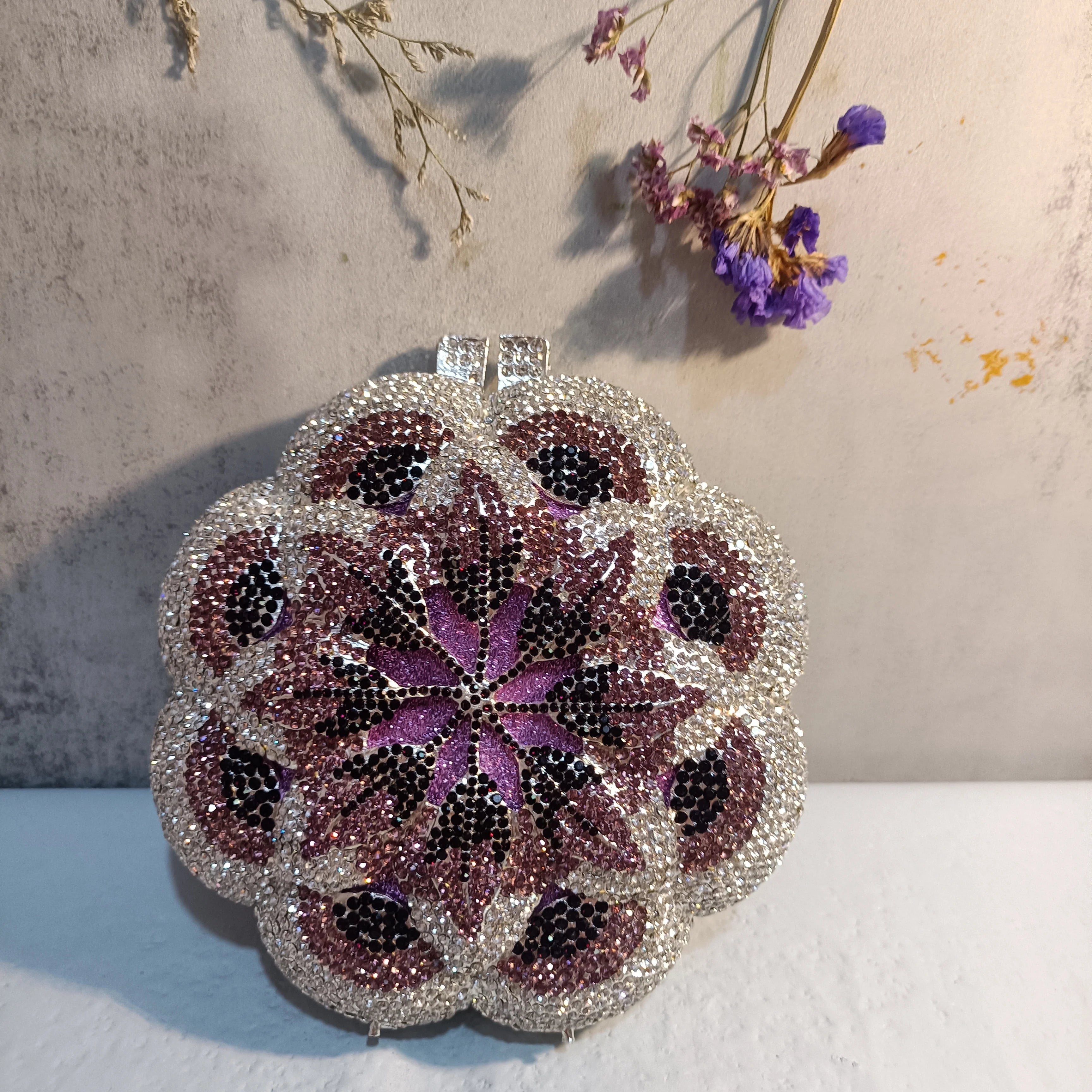 Pochette da sera con strass rosa/verde con fiore rosa Borse da sera da donna in cristallo giallo floreale Pochette da sposa per festa di nozze