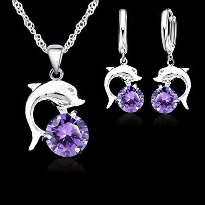 Ensembles de bijoux pour femmes et jeunes filles en argent sterling 925, couleur, mariage, fiançailles, zircon cubique, pendentif dauphin, collier, boucles d'oreilles créoles