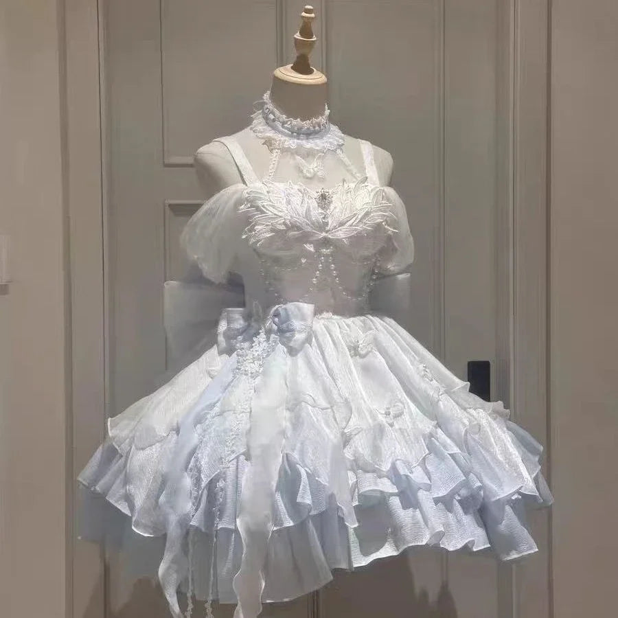 Sweet Lolita Y2k Mini abiti da donna patchwork in pizzo manica corta fasciatura elegante abito da festa corto vintage francese estivo femminile