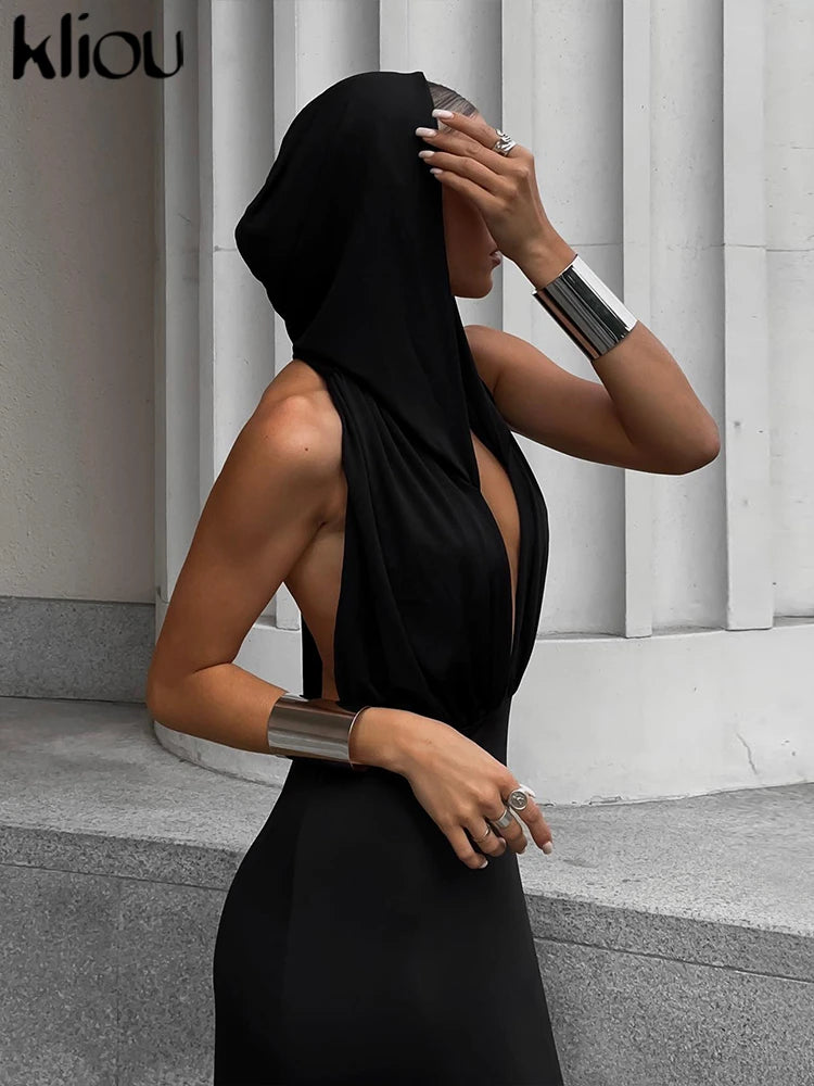 Kliou Abiti lunghi eleganti con cappuccio Donna Pantaloni a vita bassa senza maniche Sexy scollo a V profondo Backless Side Split Robe Vestido femminile High Street