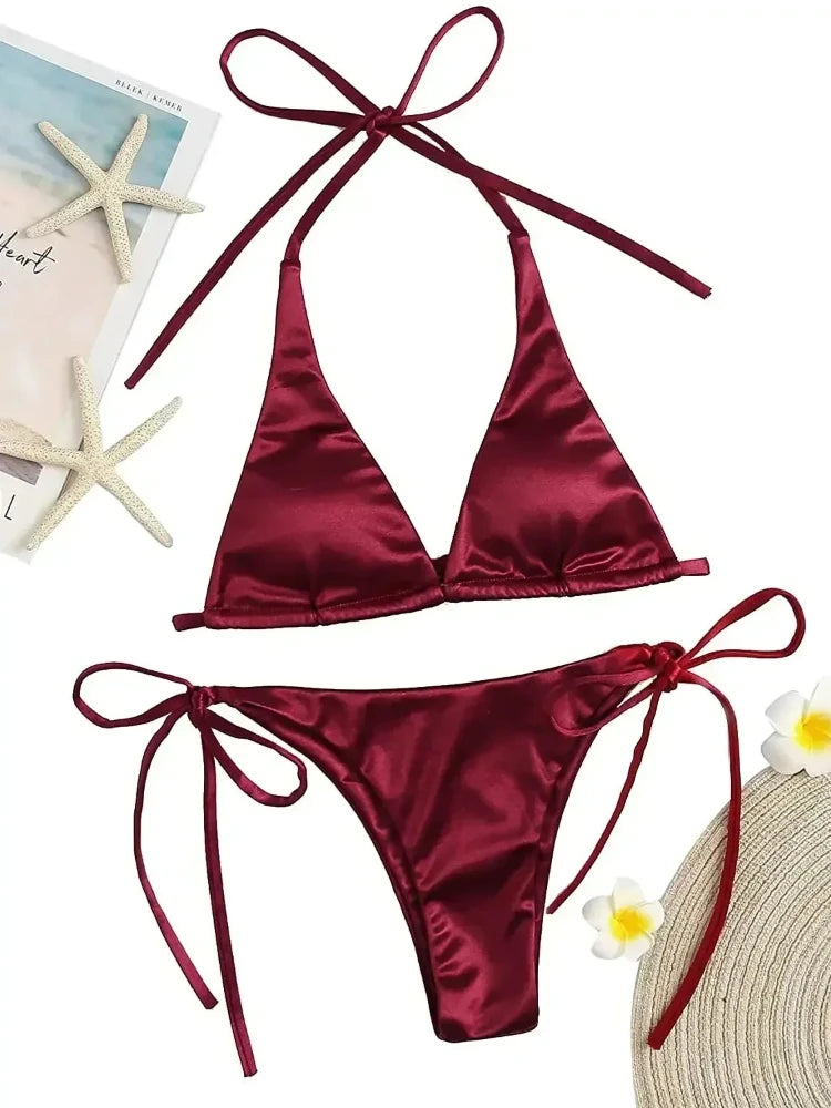 Sexy Halter Satin Brazilian Bikini Women Swimwear Female Swimsuit Two-pieces Bikini Set Bather Bathing Suit Swim Women Swimsuit