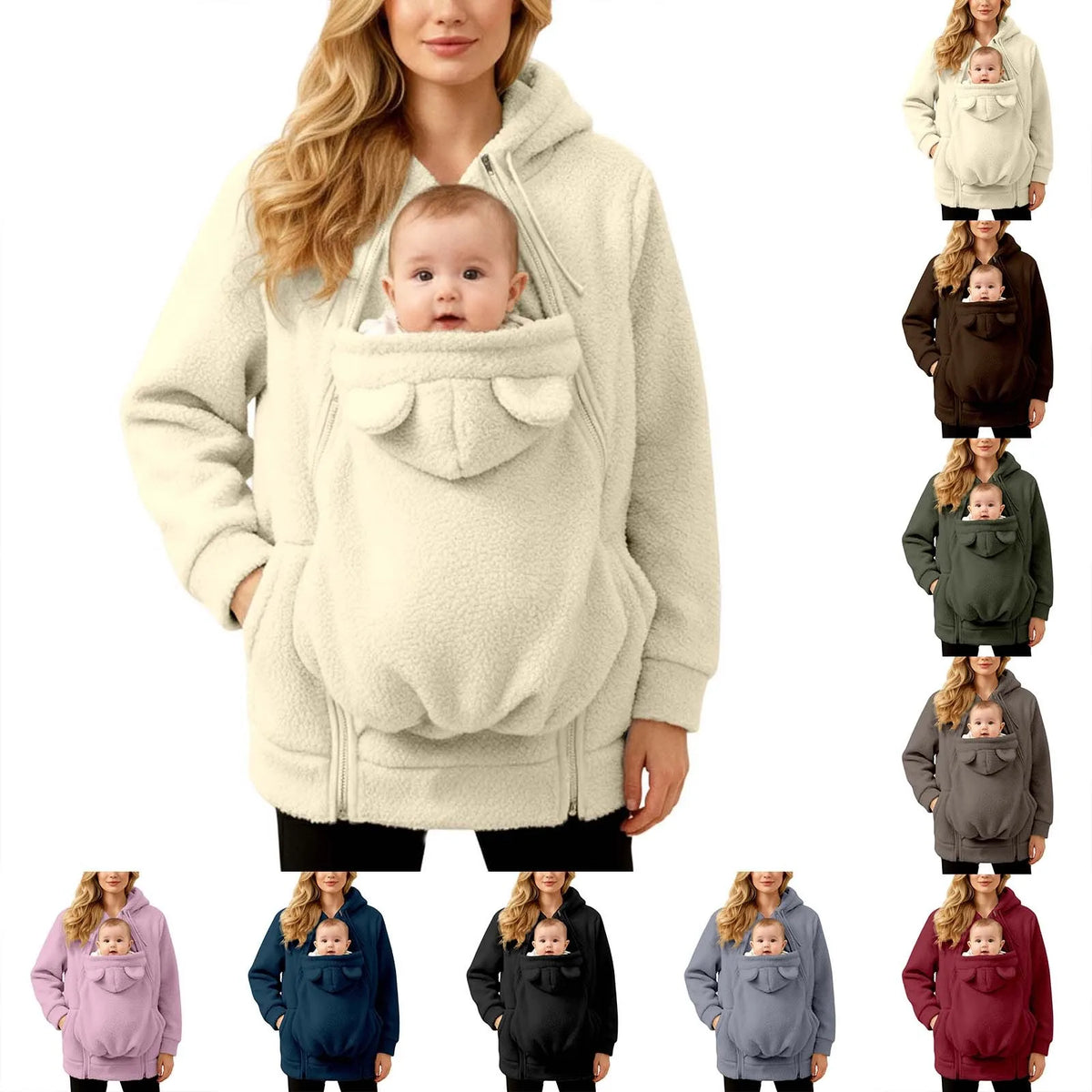 Cappotto con cappuccio in caldo pile 2 in 1 con marsupio Felpa in peluche a maniche lunghe in pelliccia sintetica Giacca con cappuccio per mamma all'aperto Borsa per bambini