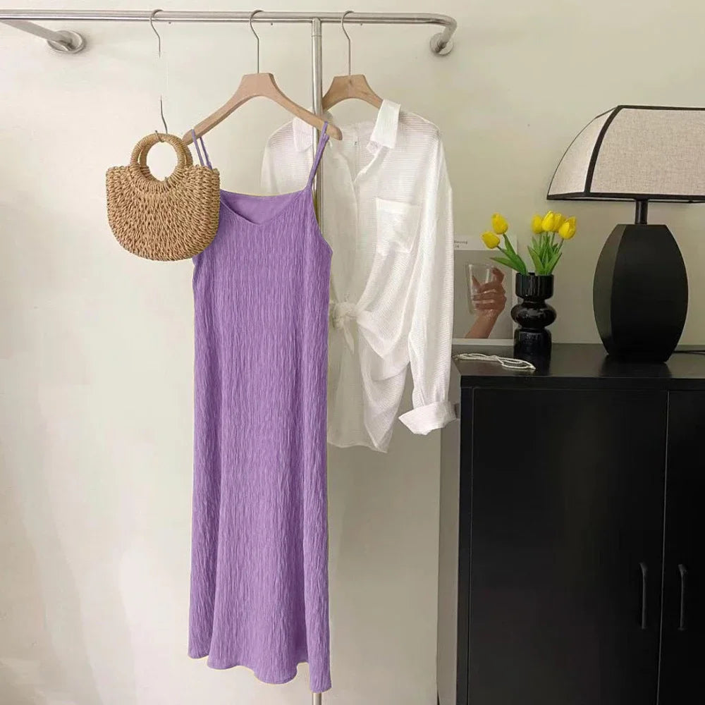 Abito a metà polpaccio senza maniche a canotta Vintage per donna nero rosa viola bianco abiti Midi pieghettati abiti da sera per ragazza vestiti