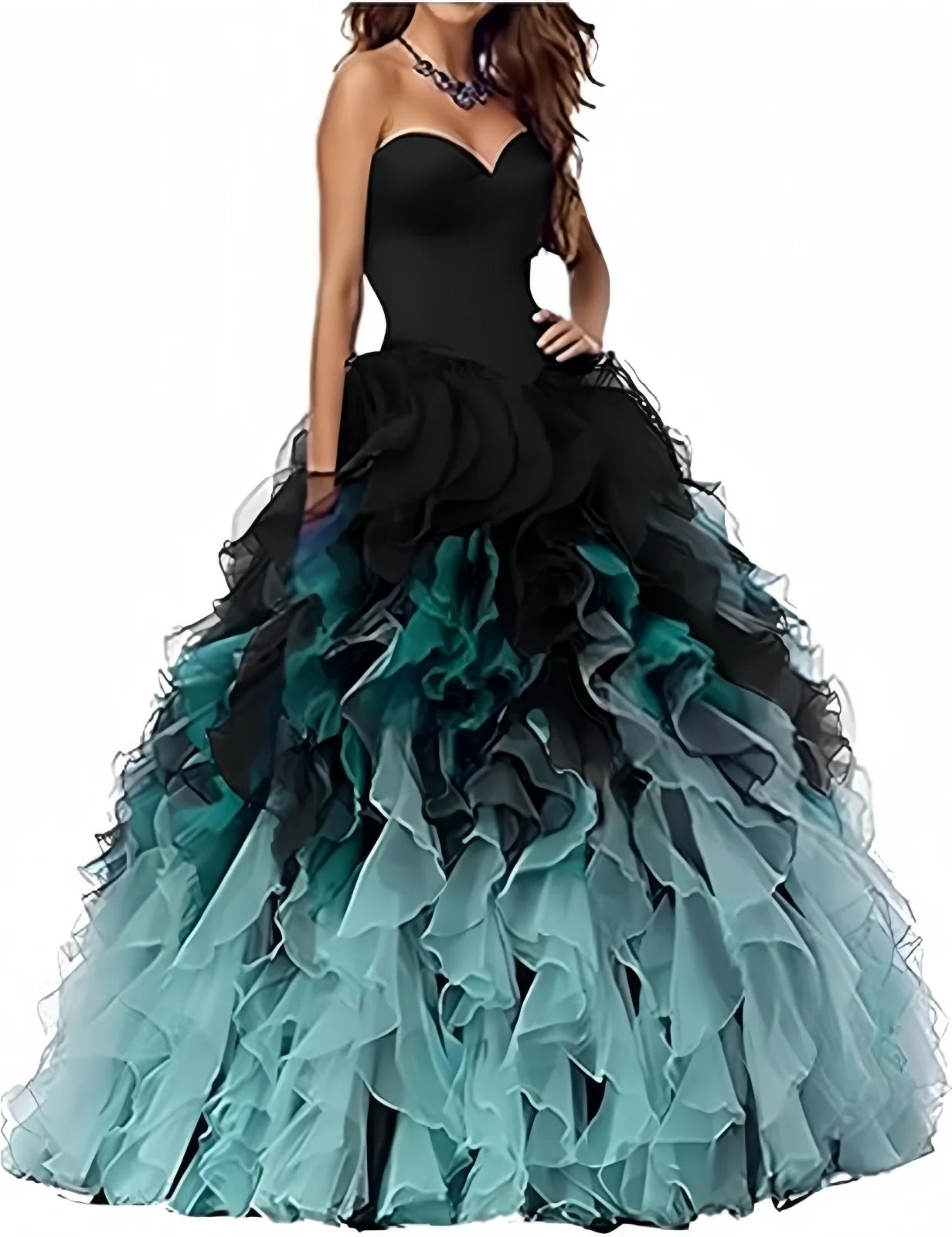 Abito Quinceanera in organza senza spalline con volant Abiti da ballo Abito da ballo lungo gonfio con scollo a cuore Ombre Abito da cocktail da sposa