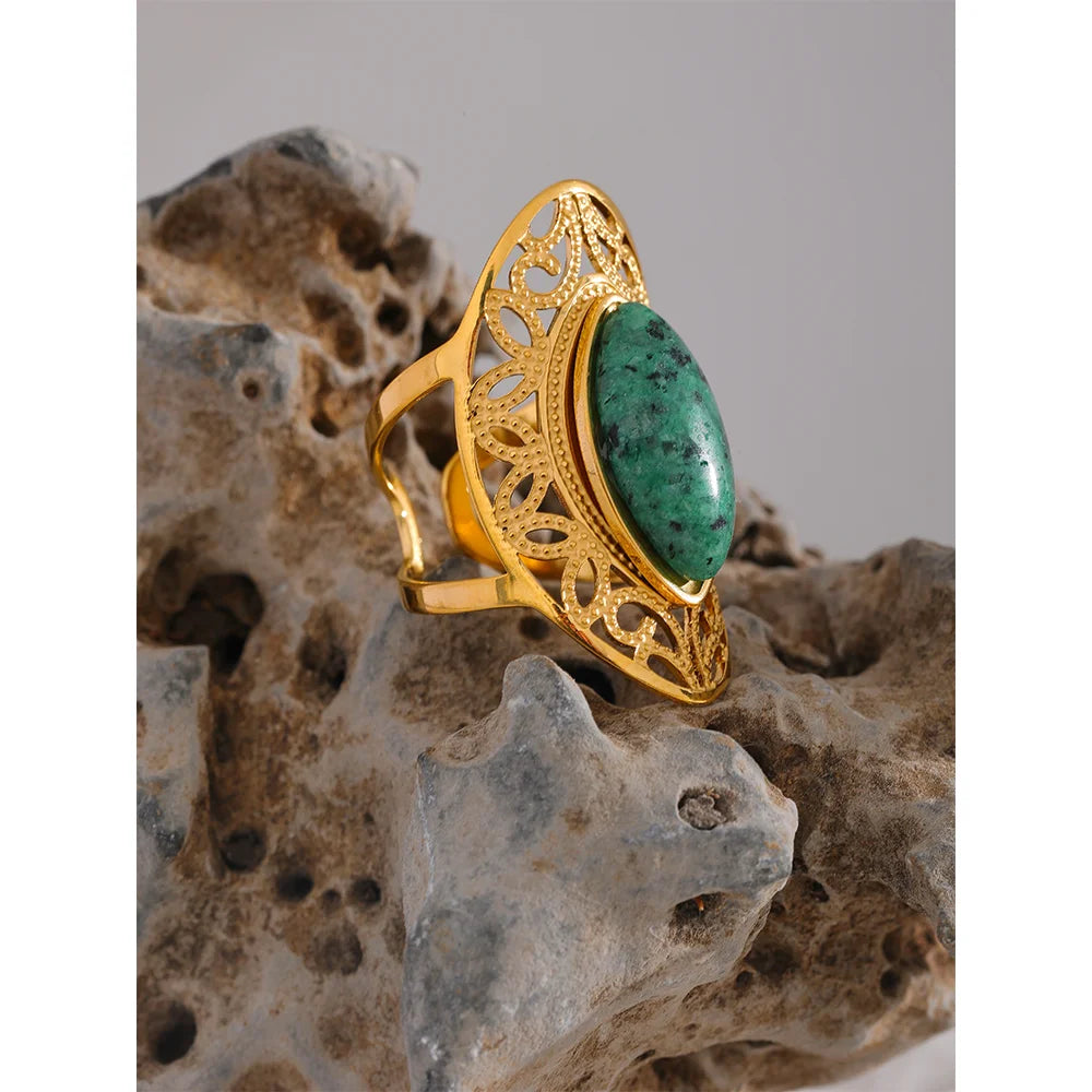 Yhpup Anello aperto in acciaio inossidabile con pietra naturale verde vintage, colore geometrico, gioielli alla moda iperbolici alla moda per le donne