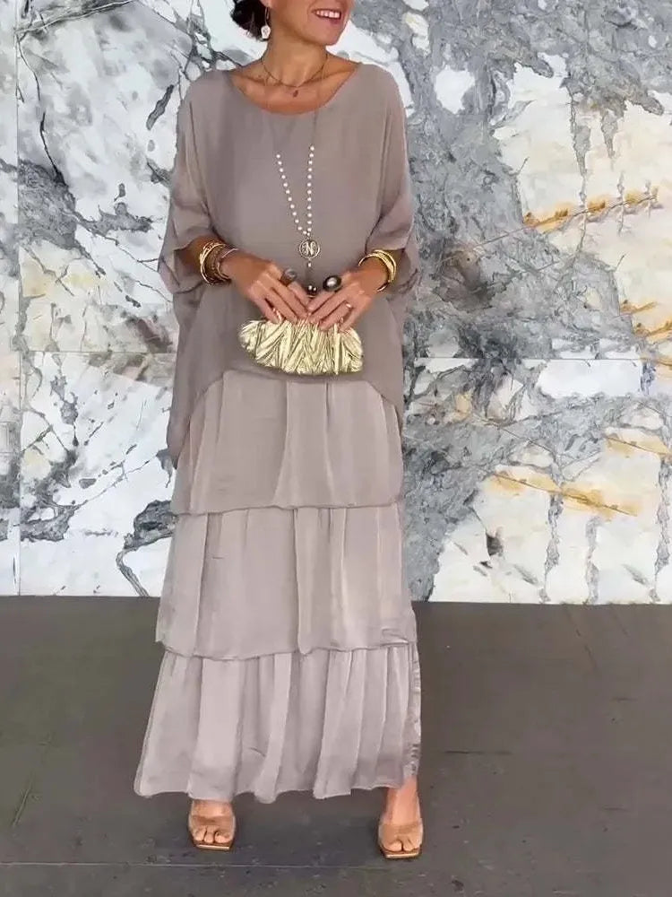 Abiti eleganti da donna in chiffon solido Primavera Autunno O-Collo Abito femminile con volant a strati Mezza manica Torta Abito lungo da vacanza al mare