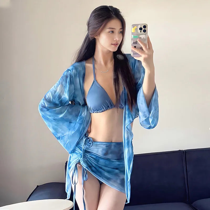 Women's Bikini Set Tie Dye Triangle Halter Top Bell Sleeve Cover Up Ruched Side Skirt Sexy Summer Beach Bathing Suit Swimwear