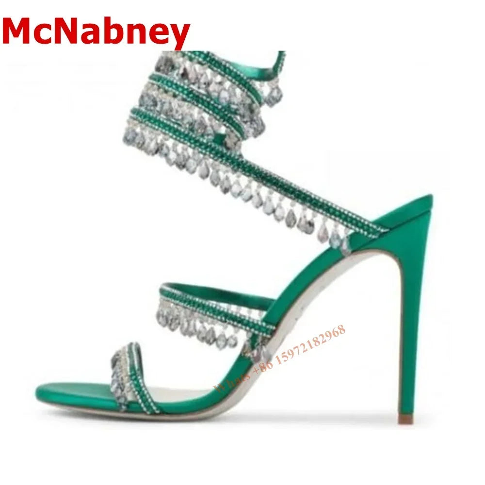 Newest Rhinestone Serpentine Sandals Women Shoes Open Toe Solid Hollow Stiletto Heel Sandal Slip On Summer Party Dress Sexy Shoe