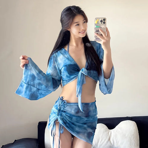 Women's Bikini Set Tie Dye Triangle Halter Top Bell Sleeve Cover Up Ruched Side Skirt Sexy Summer Beach Bathing Suit Swimwear