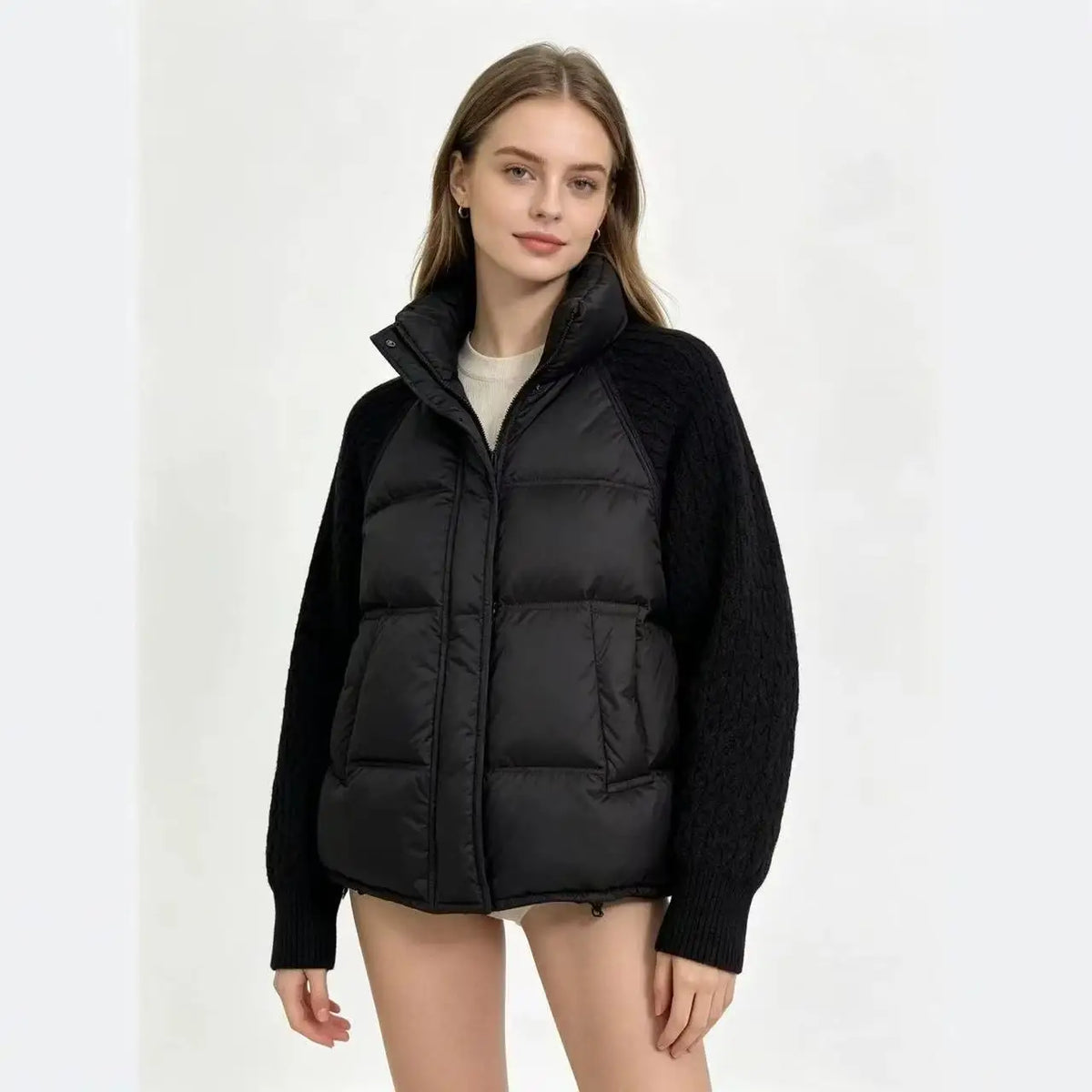 Nuova Giacca Invernale da Donna, Parka con Maniche in Maglia Patchwork, Colletto Alto, Cerniera, Imbottita in Cotone Spesso e Caldo, Cappotto Casual Femminile