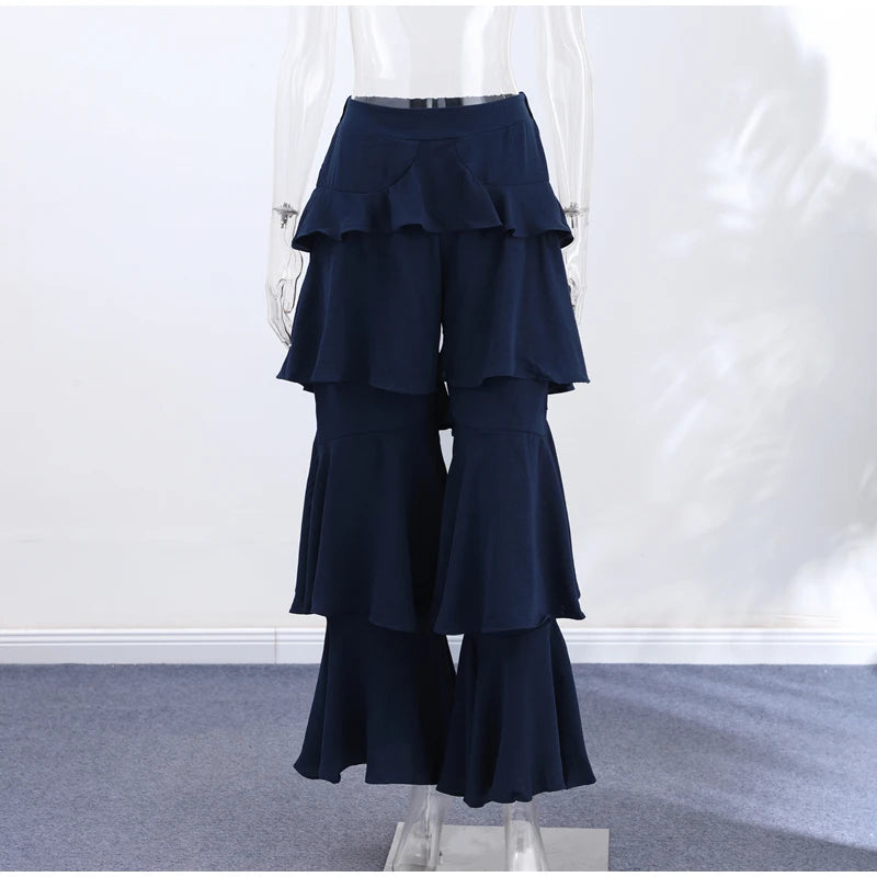 Pantaloni a Balze a Strati Blu Navy alla Moda da Donna, a Vita Alta e Gamba Larga, Lunghi, Nuova Collezione 2026, Casual da Vacanza e Streetwear