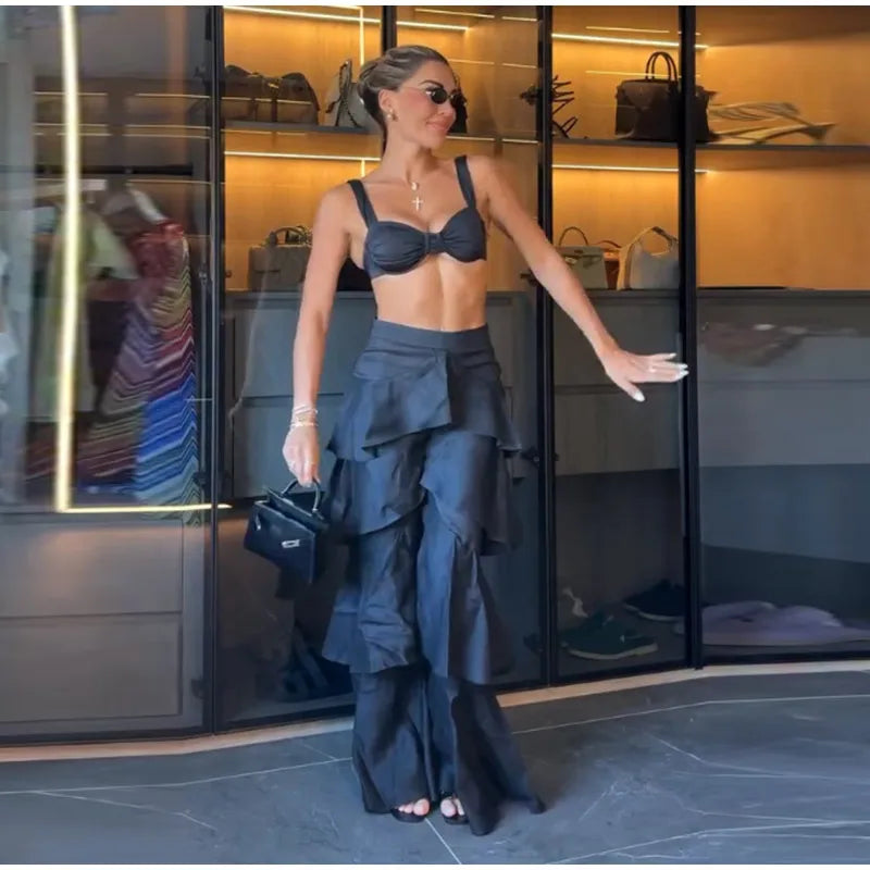 Eleganti Pantaloni a Zampa da Donna con Volant a Cascata in Chiffon a Vita Alta, Neri, Estivi 2026, Versatili, Nuovi
