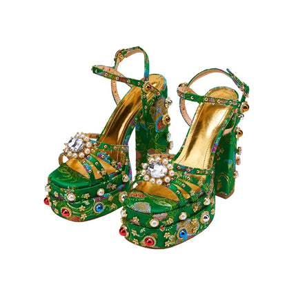 Neue Damen Sommer Plateau Sandalen wasserdicht dicker Boden Wasser Diamant Perle Niete Blume Satin offene Spitze High Heels groß