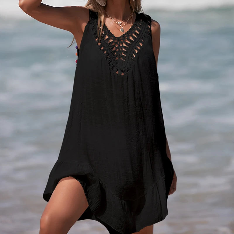 Abito corto da donna con scollo a V senza schienale scollato Abito corto con orecchio in legno con giunture all'uncinetto con palline colorate Copricostume da spiaggia