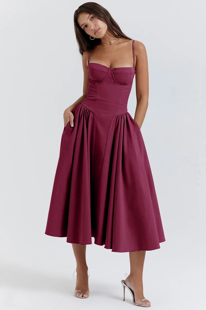 Elegante abito longuette con cinturino per spaghetti da donna Party Slim A Line Solid Bretelle Abiti da donna Nuova moda primavera estate Abiti sexy