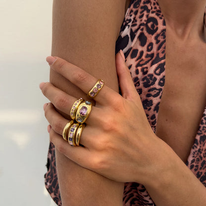 Salircon 6 Pz/set Intarsiato Zircone Viola Anello di Apertura Regolabile Set Donne Anello di Colore Oro Liscio per il Regalo Dei Gioielli Quotidiani Femminili