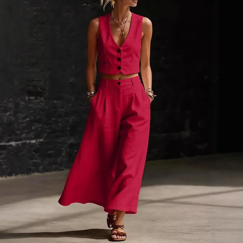 Summer Sexy V-neck Button Vest Top and Wide Leg Pants Outfits Women's Elegant Solid Color Temperament Slim Fit Vacation Suit