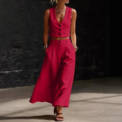 Summer Sexy V-neck Button Vest Top and Wide Leg Pants Outfits Women's Elegant Solid Color Temperament Slim Fit Vacation Suit