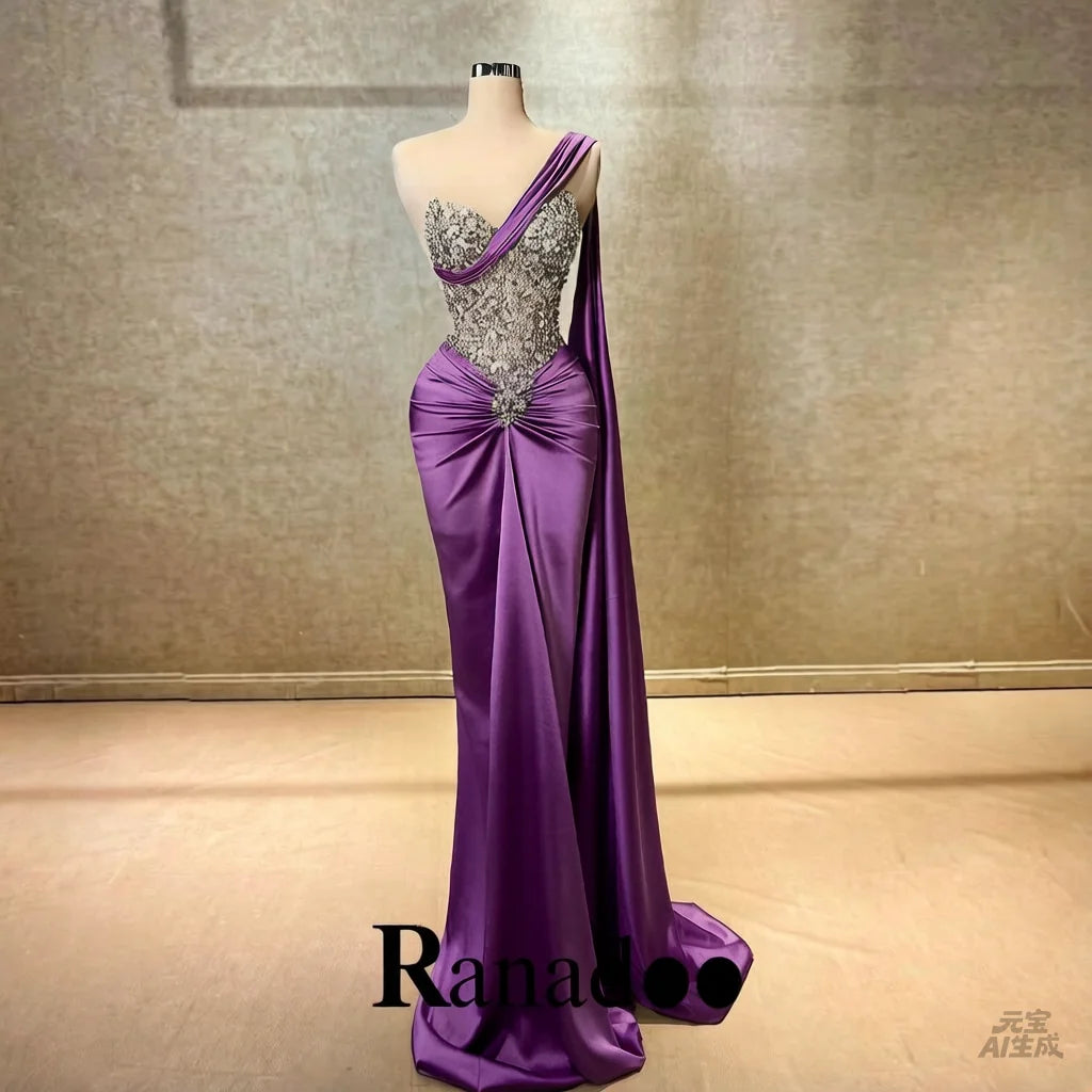 Ranadoo Affascinanti abiti da ballo monospalla per le donne Festa di compleanno Rhibestones Sirena increspata Vestido De Formatura Personalizzato
