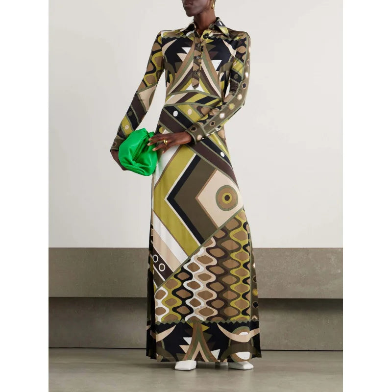 Donne eleganti autunno inverno stampa geometrica posizionamento bavero abito slim fit abiti maxi da festa con spacco a maniche lunghe alla moda