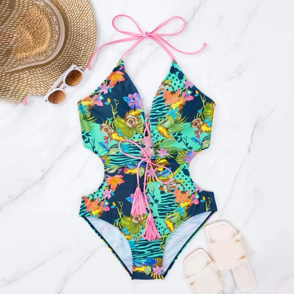 Women'S One-Piece Swimsuit With Crossed Ropes Tassels Chest Waist Cinching Swimwear Suits Backless Buckle Bikini For Women
