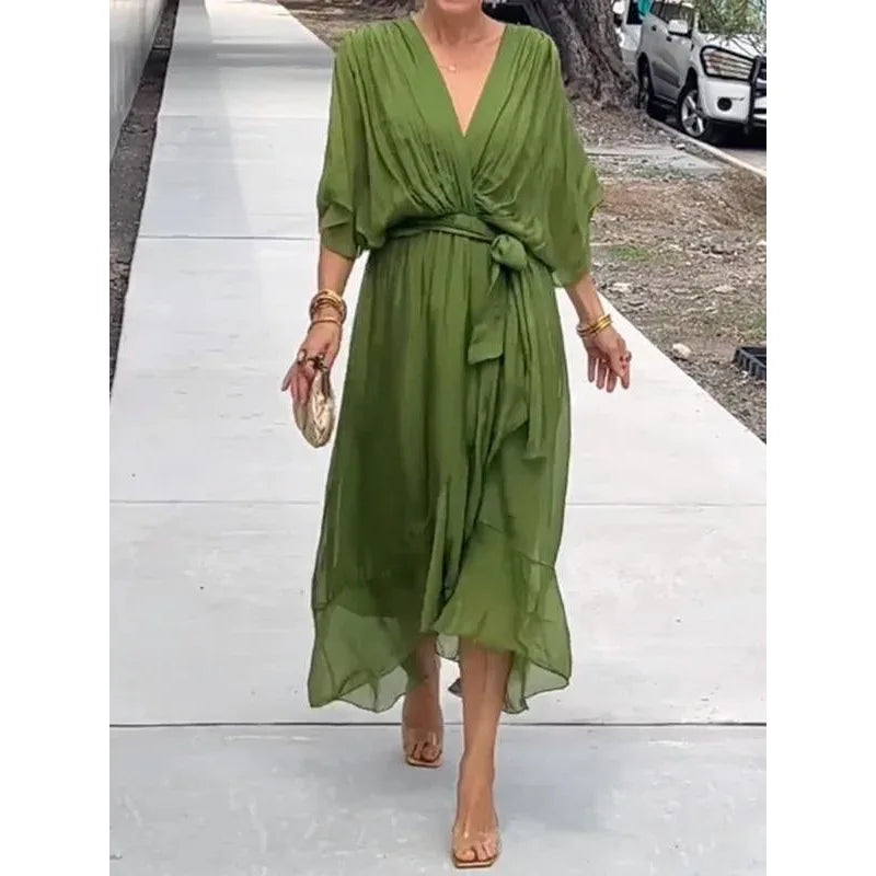 Abiti da festa eleganti in chiffon solido per le donne Sexy scollo a V maniche a pipistrello Lace Up Ruffles Abito lungo irregolare Abito casual Femme