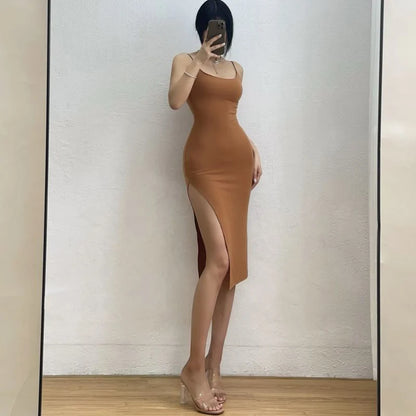 Rimocy Abito lungo sexy con spacco alto per donna Abito estivo aderente senza maniche senza schienale Donna Vacanza Spiaggia Abiti con cinturino per spaghetti