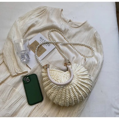 Borse a tracolla da donna all'uncinetto a forma di conchiglia creativa Divertenti catene di perle carine Borsa a tracolla in tessuto fatto a mano Novità piccole borse
