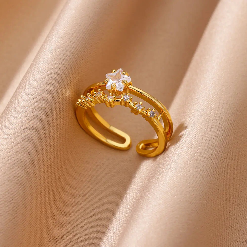 Anelli a forma di cuore geometrico con zirconi per donna Anello nuziale in acciaio inossidabile color oro Gioielli estetici di lusso Regalo per coppia 2025