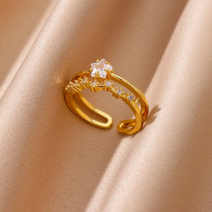 Anelli a forma di cuore geometrico con zirconi per donna Anello nuziale in acciaio inossidabile color oro Gioielli estetici di lusso Regalo per coppia 2025