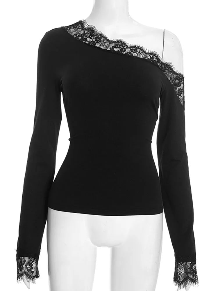 Top da donna con giunture in pizzo asimmetrico, moda casual, top autunnale, stile europeo americano, vita scoperta