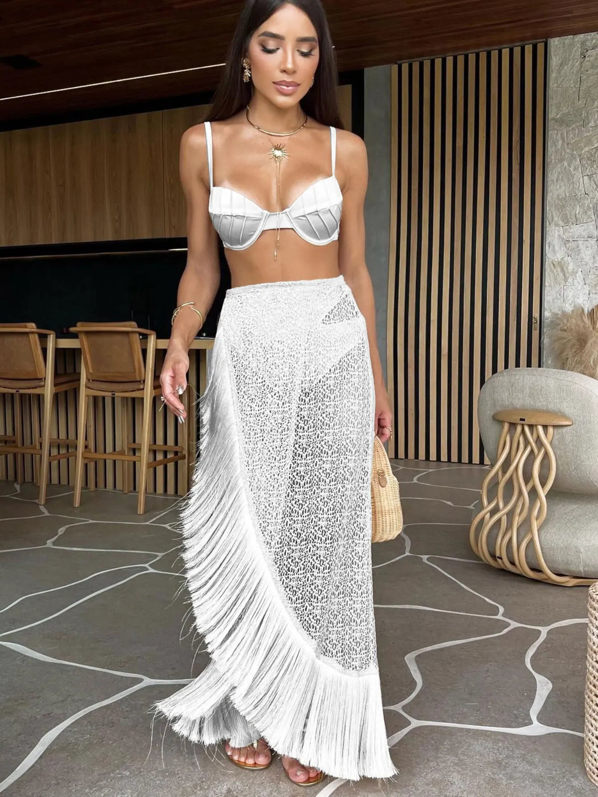 Sexy 3Pieces Push Up Bikini Set Women Swimsuit High Waist Perspective Tassel Skirt Beach Outing Bathing 2024 Feminine Swimwear