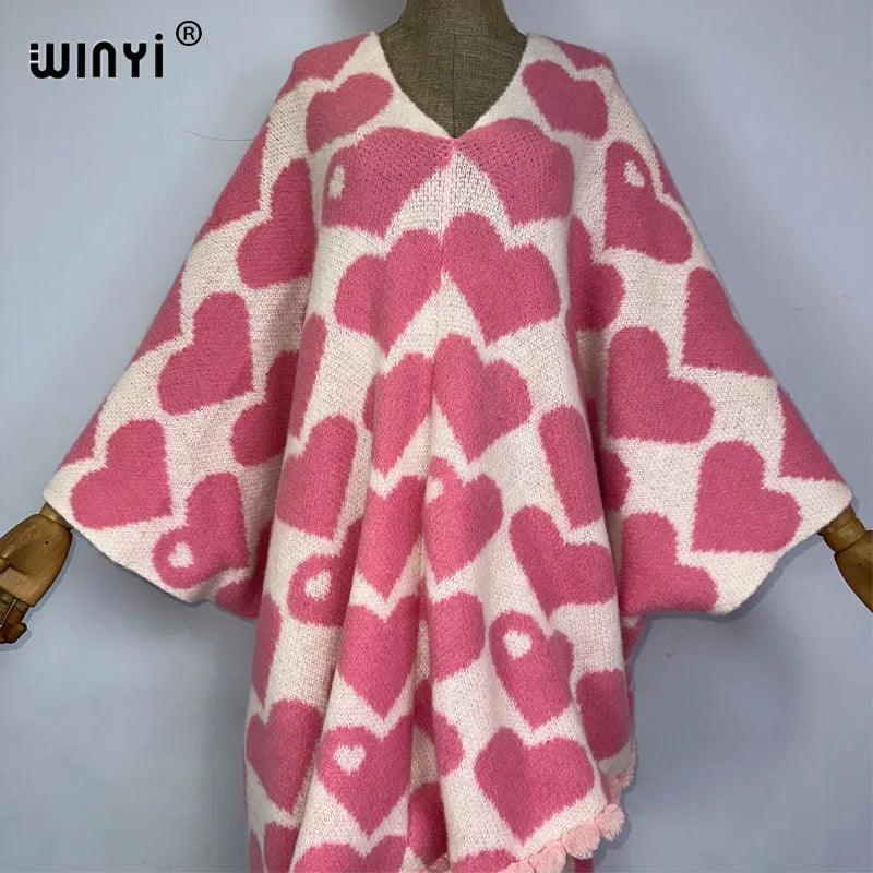 WINYI inverno scollo a v colletto mantello di alta qualità confortevole spesso caldo poncho donna natale dolce amore stampa abito irregolare