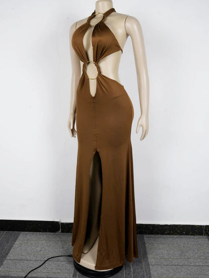 Beyprern New Chic Halter Scollo a V O Rings Abito lungo maxi Glam Donna Sexy Backless Increspato Abiti da festa con spacco alto Abiti di compleanno