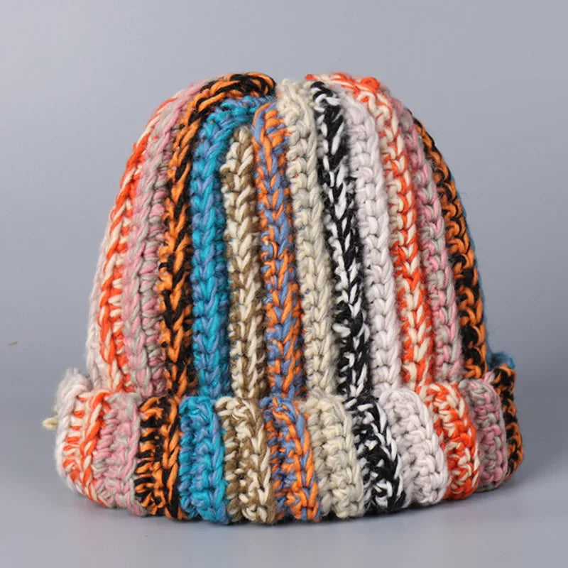 Cappello da donna in lana lavorata a maglia con ago fatto a mano in stile giapponese da uomo Cappello invernale a righe in lana colorata con protezione per le orecchie calda