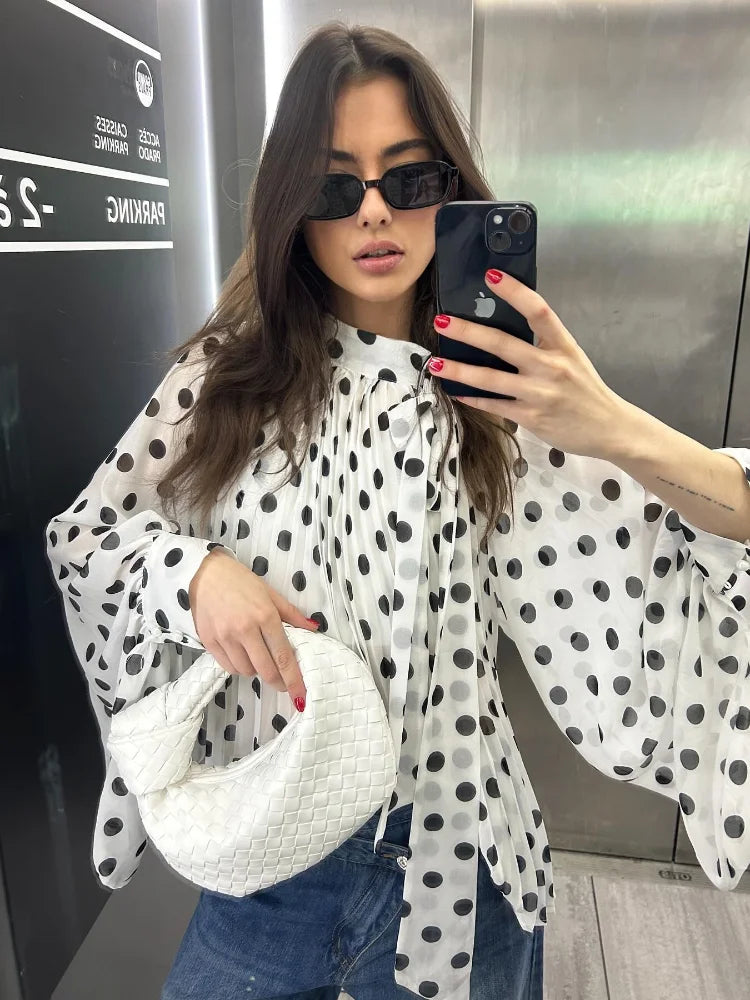Elegante Camicia Retrò a Pois con Lacci da Donna, Maniche Lunghe a Lanterna, Trasparente e Scavata, Blusa Larga 2026, Top da Donna per il Quotidiano e il Lavoro