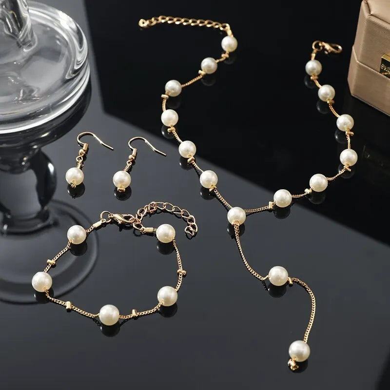 4 pezzi di collana color oro, orecchini, bracciale, set da donna, elegante collezione di perle d'imitazione, gioielli con nappa temperamento