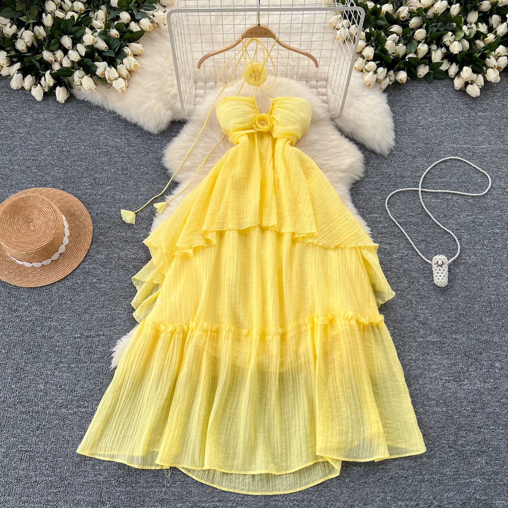 Elegante dolce vita alta scava fuori asimmetrico fiore tridimensionale abito halter vacanza sottile abiti estivi da festa per donna