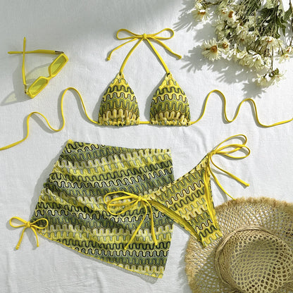 Damen-Badeanzug, bunte Ahornblätter, gestrickter Bikinirock, dreiteiliges Set, geteilter Badeanzug, Bikini, sexy Biquini, Badeanzug