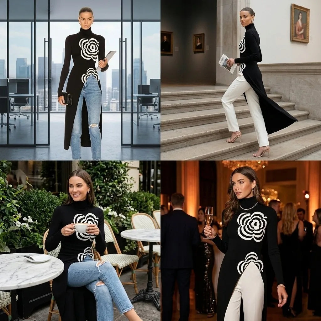 Modigirl Inverno Donna Pullover lavorato a maglia Top 2024 Fiore nero Design Slim Fit Asimmetrico Collo alto Maglioni lunghi per donna